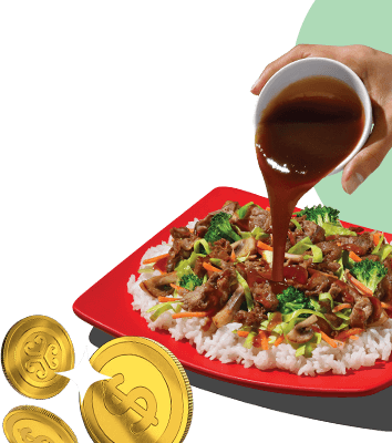 Teriyaki meal, with teriyaki sauce pouring and coins