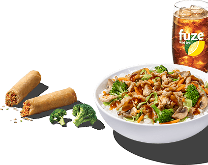 Spring rolls, teriyaki chicken bowl, and Fuze Iced Tea